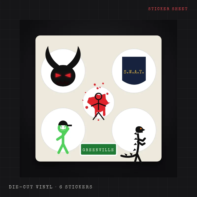 Sheet of six die-cut stickers: Super Beast head, S.W.A.T. shield, Green Gene, Stickzilla, a blood splat with the stick mark, and a GREENVILLE road sign