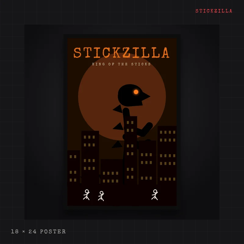 Poster: a giant spiked stick lizard named Stickzilla towers over a night city skyline with tiny stick figures running, in orange and black