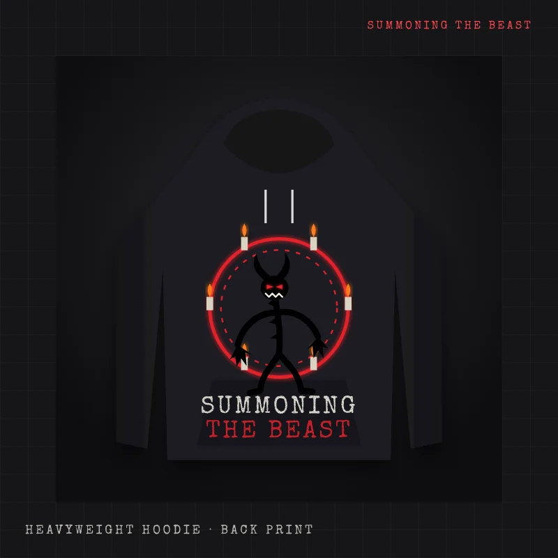Charcoal hoodie printed with a ring of candles and runes around Super Beast rising from the floor, titled SUMMONING THE BEAST