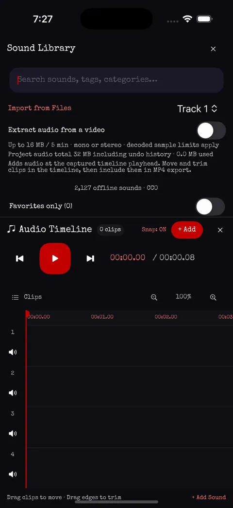 Audio timeline with four tracks and the transport controls