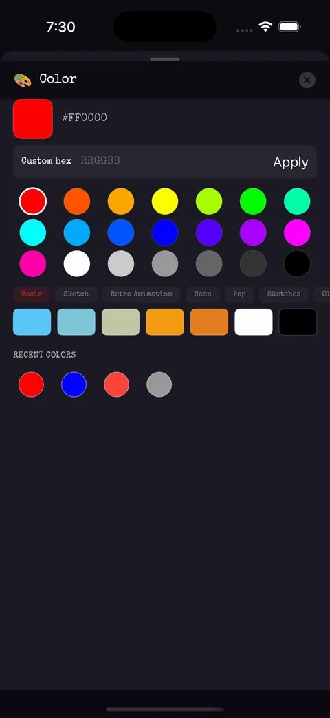 Colour popup with hex field, swatch grid and recent colours