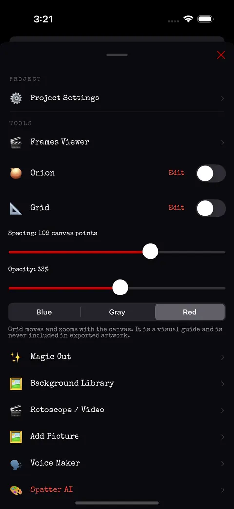 Grid options popup with spacing, opacity and colour