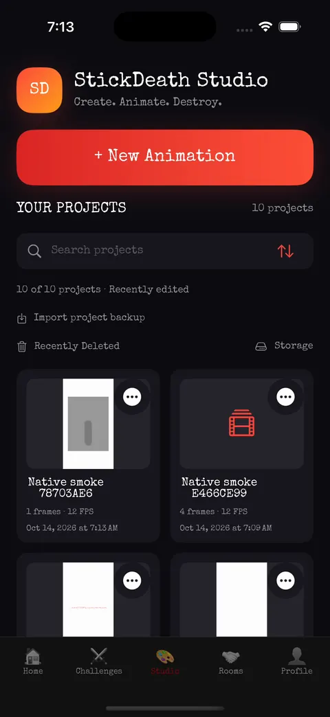 Project library with saved project cards, search, import backup, Recently Deleted and Storage