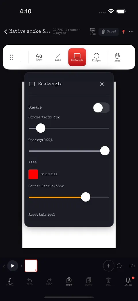 Rectangle options with stroke width, opacity, fill colour and corner radius