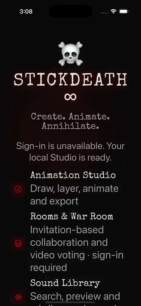 Welcome screen listing Animation Studio, Rooms and War Room, Sound Library and Spatter at a large accessibility text size